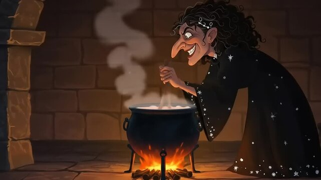 Enchanting witch stirring a bubbling cauldron in a dimly lit stone chamber, with smoke rising