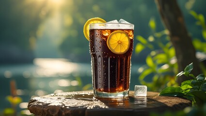 Refreshing Glass of Cola with Ice and Lemon in Natural Outdoor Setting