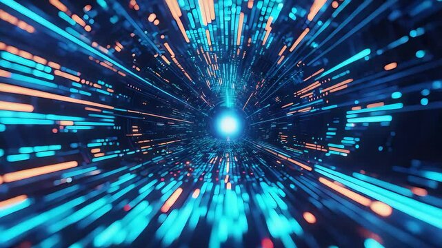 Abstract digital tunnel with glowing blue and orange lines converging toward a bright center, creating a futuristic data flow motion effect
- Powered by Adobe