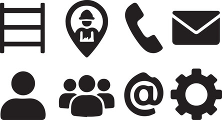 Factory Communication & Management Icons – Shelf, Worker, Contact, User, Settings Vector Set