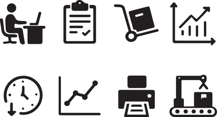 Production Workflow Vector Set – Workplace, Work Order, Charts, Output & Packaging Icons