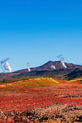 Cover page with Martial Landscapes, Geothermal active zones Hverir and volcano Krafla, Iceland, blue sky, sunny day, copy space