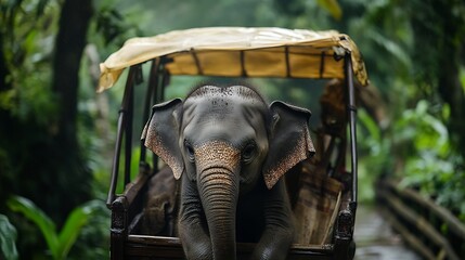 Young Asian elephant calmly sits in a small cart amidst lush green tropical rainforest foliage