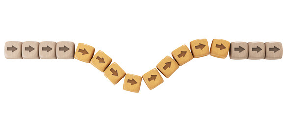 Arrows on cubes tracing a flexible path business or life journey symbolize challenges, obstacles, and the eventual return to stability. Isolated on a transparent background. 3D illustration.