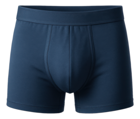 Dark blue men's boxer briefs with a comfortable waistband and tailored fit on transparent background.