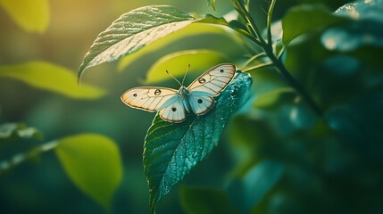 Serene Butterfly on Dew-Kissed Leaf in Lush Green Garden Nature Photography