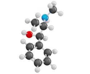 Ephedrine molecule isolated on transparent background. Detailed 3D model. Molecular formula: C10H15NO. Chemical model: Ball and Stick. 3D illustration.