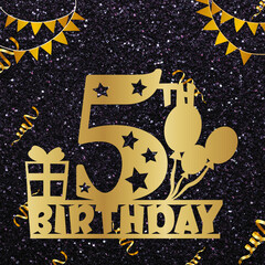 Greeting card featuring a Happy 5th birthday design in gold on a dark background.