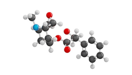 Scopolamine molecule isolated on transparent background. Detailed 3D model. Molecular formula: C17H21NO4. Chemical model: Ball and Stick. 3D illustration.