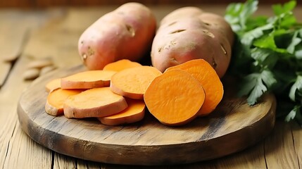 Sweet Potatoes Sliced on Rustic Wooden Board  Healthy Food Ingredient Autumn Harvest Thanksgiving Dinner Recipe