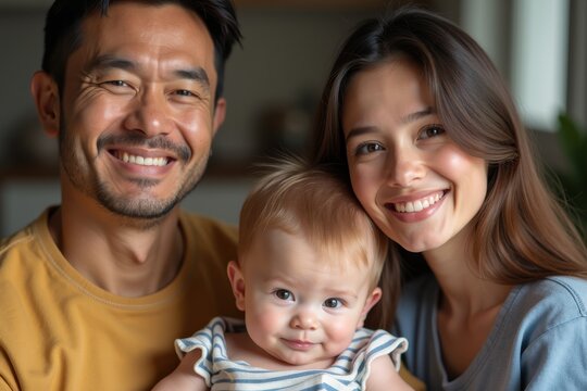 Mother and father holding baby with joyful smiles in warm home light