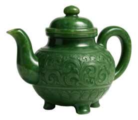 Elegant green jade teapot with intricate carved patterns and a curved handle on transparent background.
