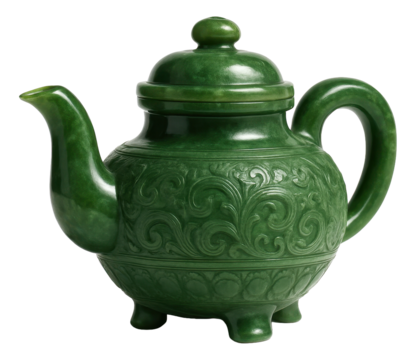 Elegant green jade teapot with intricate carved patterns and a curved handle on transparent background.