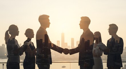 Strategic Partnership Business Collaboration and Cityscape Double Exposure