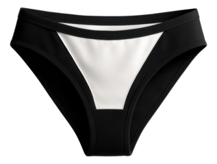 Black and white women's bikini bottoms with a stylish design on transparent background.