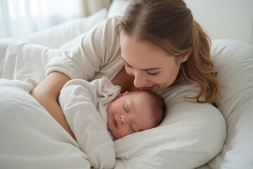 Mother hugging baby in white room filled with soft morning light