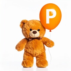 Cute orange teddy bear with balloon letter P. Baby name reveal after child birth. Stuffed animal isolated on white background