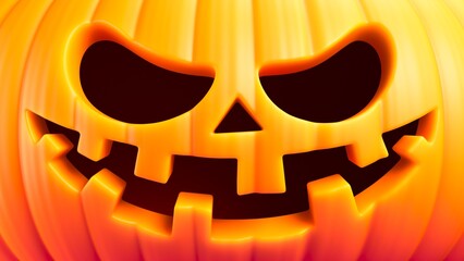 Halloween pumpkin face with expressive mischievous grin and spooky eyes. Stylized Halloween funny jack-o'-lantern with toothy smile and humorous facial expression radiating warmth and joy. 3d render