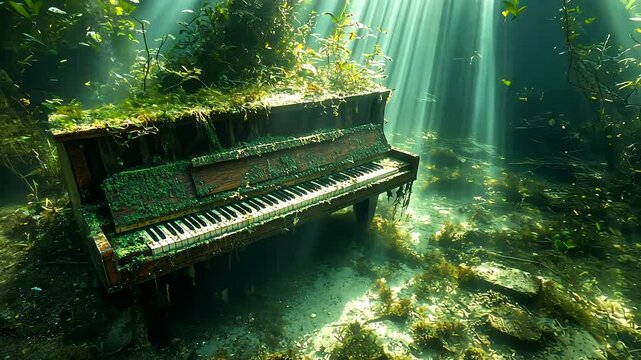 An abandoned piano submerged underwater, surrounded by lush aquatic plants and sunbeams