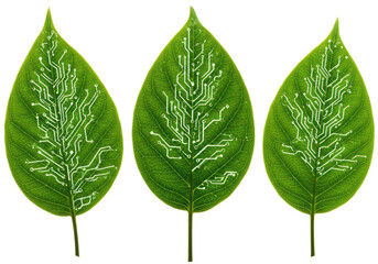 Isolated Circuit Board Pattern on Green Leaves