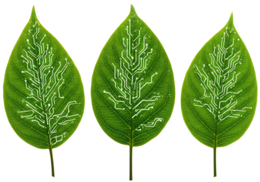 Isolated Circuit Board Pattern on Green Leaves