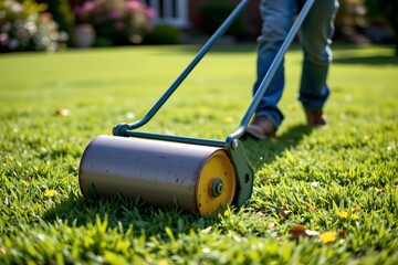 an outdoor setting where someone is pushing a lawn mower across a grassy area
