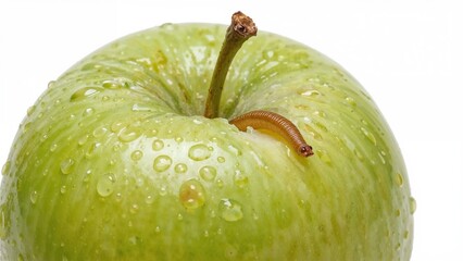 Fresh green apple with a single green leaf still attached, symbolizing freshness and nature.