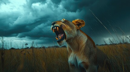 Lioness roaring under stormy sky