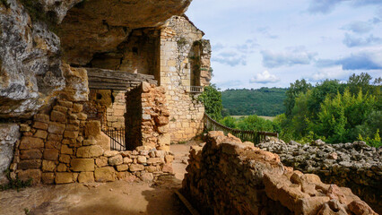 Abri de la Madeleine, Magdalene Shelter, prehistoric rock shelter and medieval troglodyte house with view of Vezere valley in Tursac, Dordogne, Nouvelle-Aquitaine region, France
