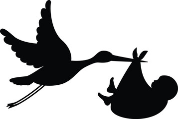 Stork Carrying Newborn Baby Silhouette Vector Illustration