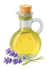 Vector watercolor illustration of lavender essential oil bottle with cork and twine. Vector isolated on white background.