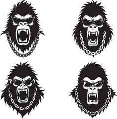 Fototapeta premium Set Of Fierce Bigfoot Face Logo Wearing Shades And Chain In Bold Vector Style On White Background