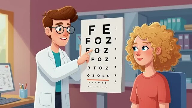 Eye examination scene with an optometrist showing a vision chart to a patient in a bright office