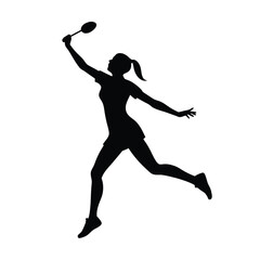  black silhouette of a badminton player  serving , vector on white background