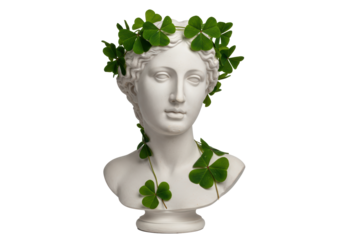 Isolated Bust Sculpture Adorned with Green Clover Wreath