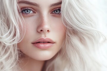 Naklejka premium Close-up portrait of a woman with pale skin and light blonde hair.