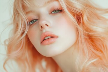Naklejka premium Close-up portrait of a woman with vibrant peach hair and delicate makeup.