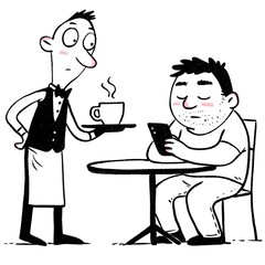 Waiter serves coffee to a man focused on his phone at a table. Digital addiction and customer service concept.