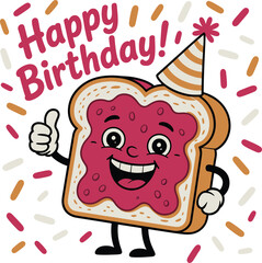 Obraz premium Cheerful toast with jelly character celebrates birthday with party hat and sprinkles
