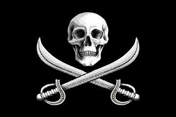 Pirate flag. Jolly Roger with crossed swords. The skull and two sabers or scimitar swords. Vector illustration