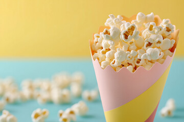 Popcorn fills a pastel-striped paper cone set against a vibrant yellow and teal background