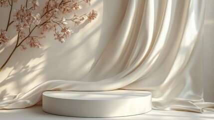 Elegant cream silk drapes and blossoming branch frame a minimalist white pedestal.