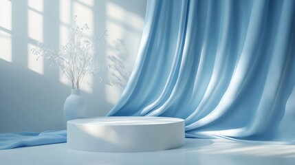 A white round podium stands in front of a blue curtain and a vase with dried flowers, illuminated by sunlight.