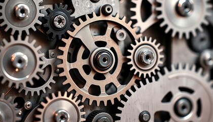 Close-up of intricate black and white clockwork gears on metallic background,  technology,  complex
