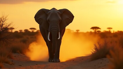 An African elephant strides through the dry savanna, dust swirling around its feet as the sun casts long shadows over the plains.