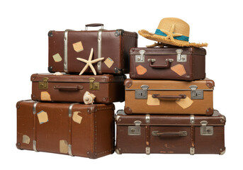 Isolated Stack of Travel Suitcases with Seaside Accessories