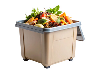 Plastic compost bin filled with kitchen waste, isolated on white.