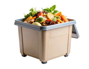 Plastic compost bin filled with kitchen waste, isolated on white.