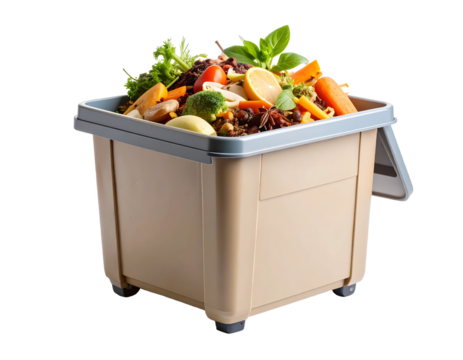 Plastic compost bin filled with kitchen waste, isolated on white.