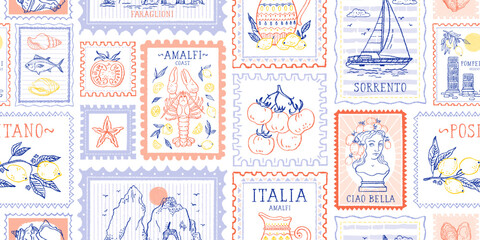 Naklejka na ściany i meble Summer Italy stamp seamless pattern. Italian postcard with lemon lobster boat. Amalfi beach background. Sea vintage print. Italy summer bg. Post stamp border. Seamless postage vector with Amalfi coast